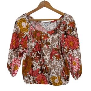Single Thread Floral Blouse Womens Small Pink Boho Linen Blend Balloon‎ Sleeve